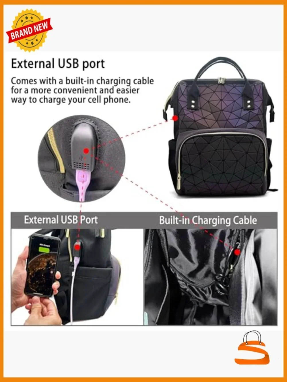 Geometric Holographic Laptop Backpack USB Port Travel Daypack